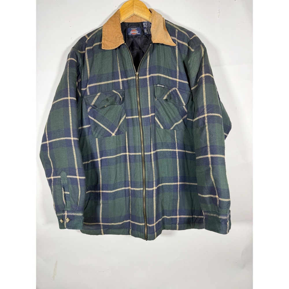 Dickies Mens Green Plaid Quilted Lined Flannel Shirt Jacket Corduroy Collar M